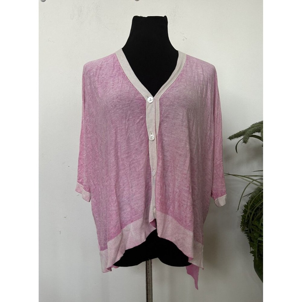 kokun Pink Bamboo Cashmere V-Neck Button Hi Low Hem Cap Sleeve Overdyed Top Sz S